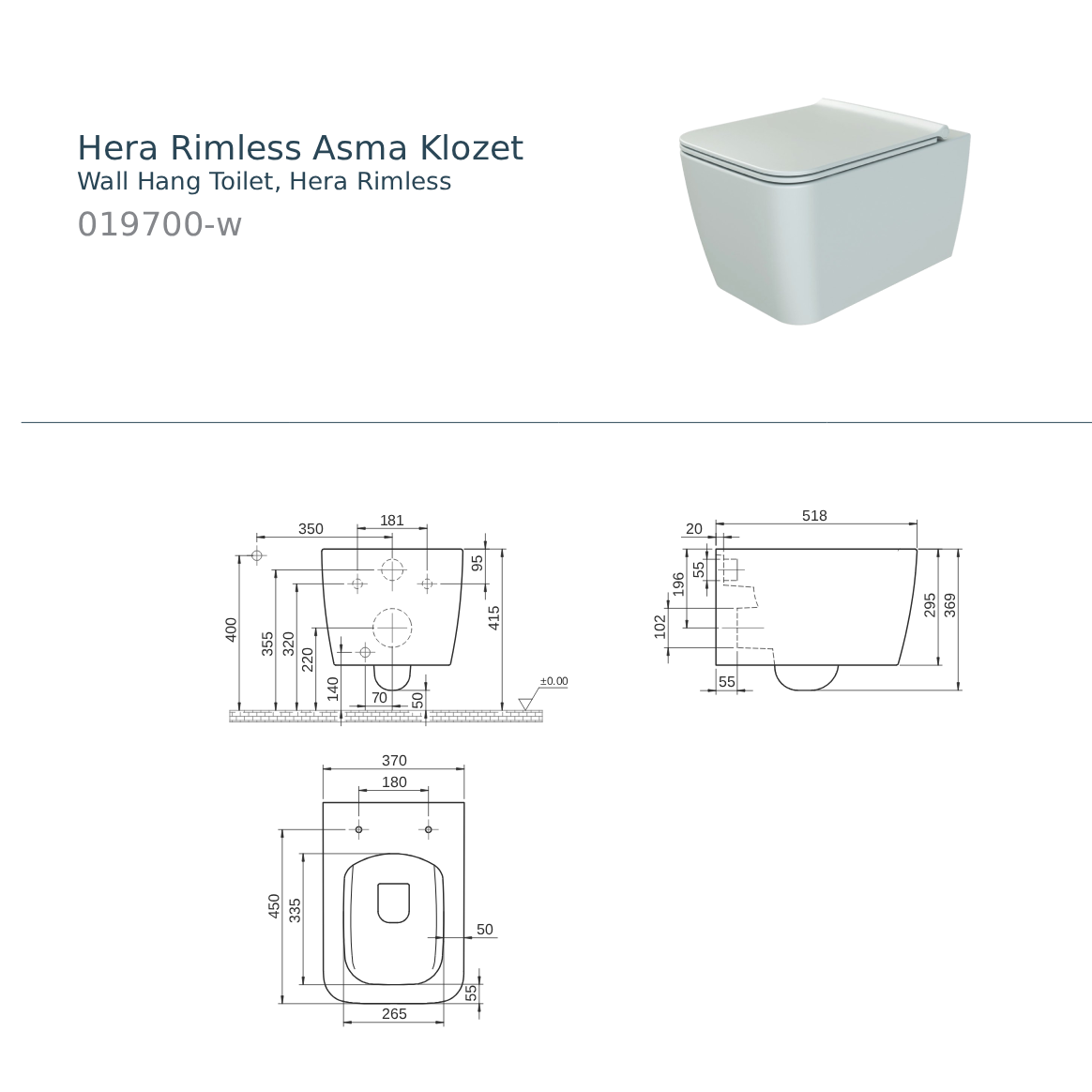 Hera Rimless Asma Klozet + Yavaş Kapanan Duroplast (UF) Kapak