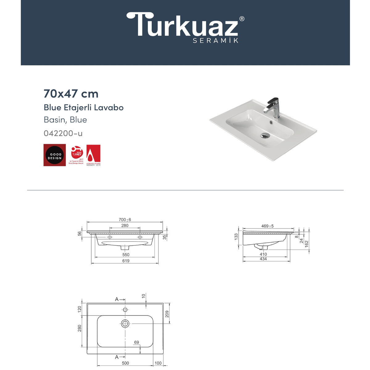 Blue Etajerli Lavabo 70x47 Cm Beyaz