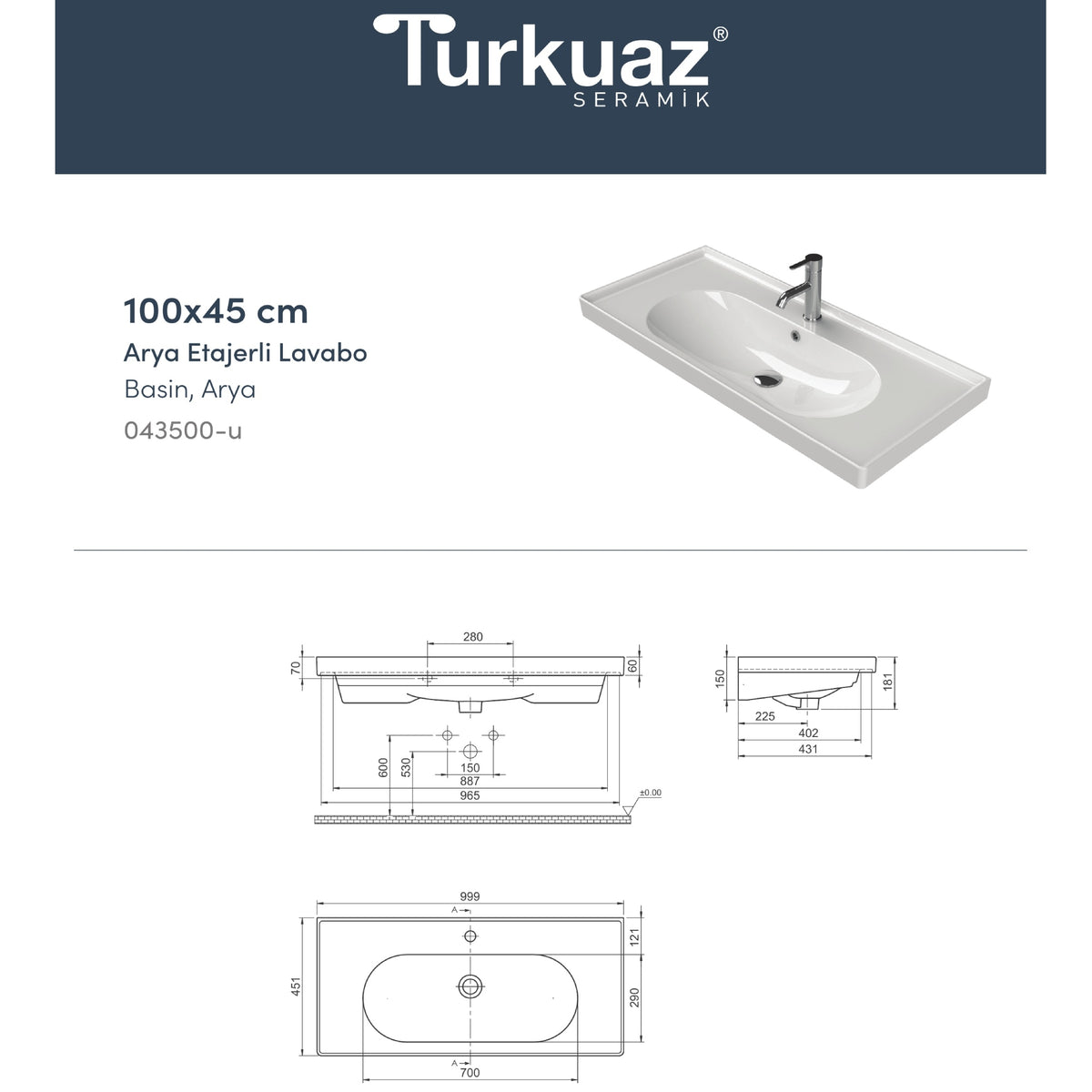 Arya Etajerli Lavabo 100x45 Cm Beyaz