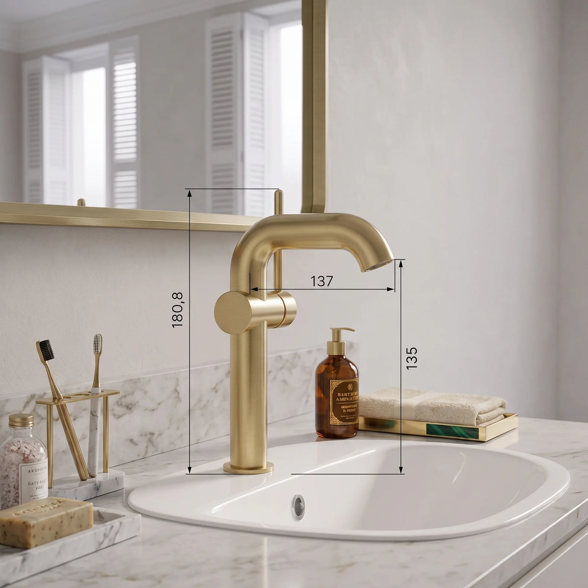 Adell Eterno F Brushed Gold PVD lavabo bataryası teknik görseli