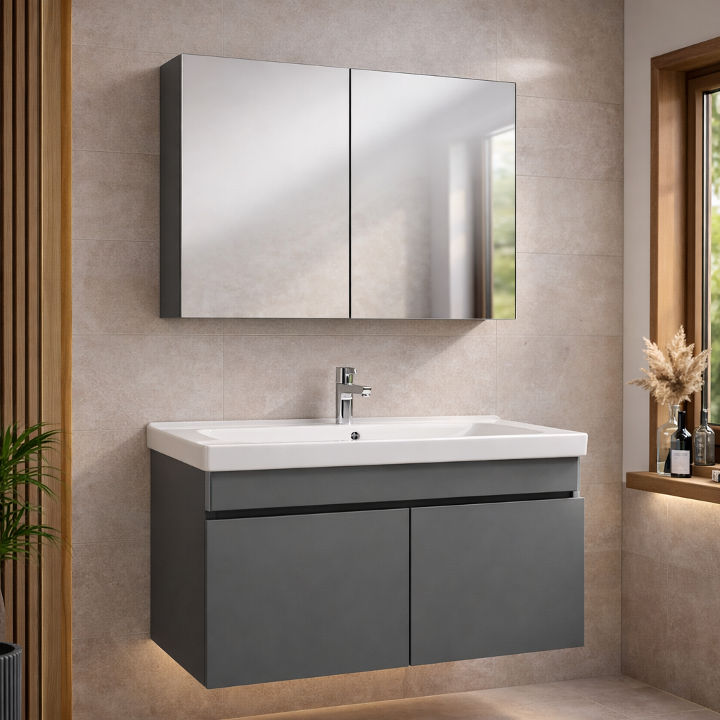 Seramiksan Pino 80 Cm Banyo Mobilyası Seti Ay Gri - Saturn Etajerli Lavabo ve Aynalı Dolaplı