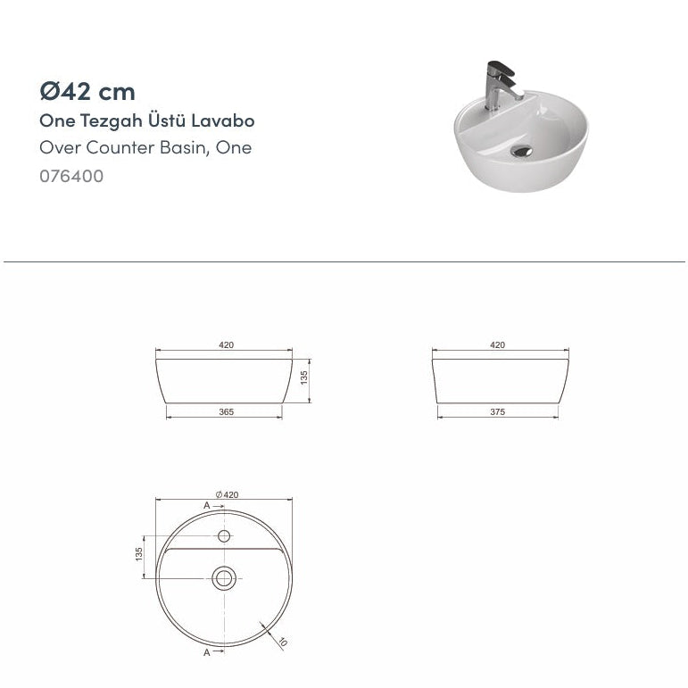 One Tezgah Üstü Lavabo Ø42 Cm Beyaz (Batarya Delikli)