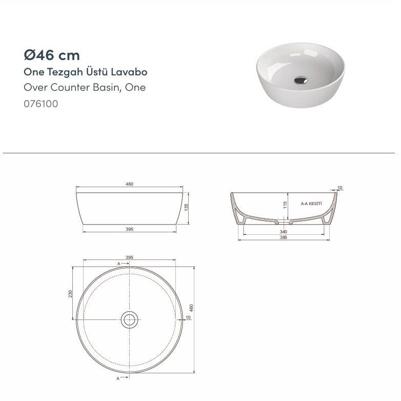 One Tezgah Üstü Lavabo Ø46 Cm Beyaz