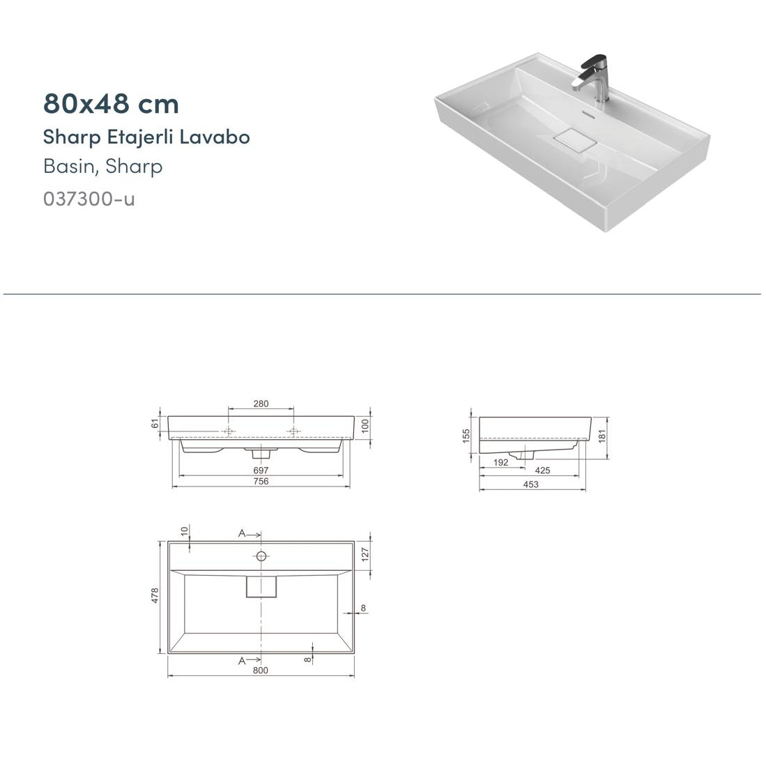 Sharp Etajerli Lavabo 80x48 Cm Beyaz