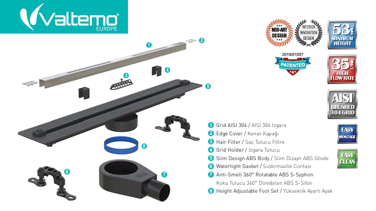Valtemo Slimo Black Lineer Duş Gideri 40 cm